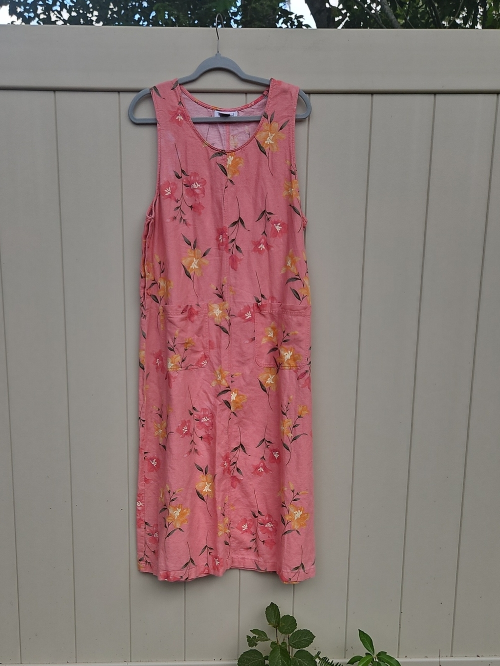 Sleeveless Pink Floral Women's Dress Linen/cotton